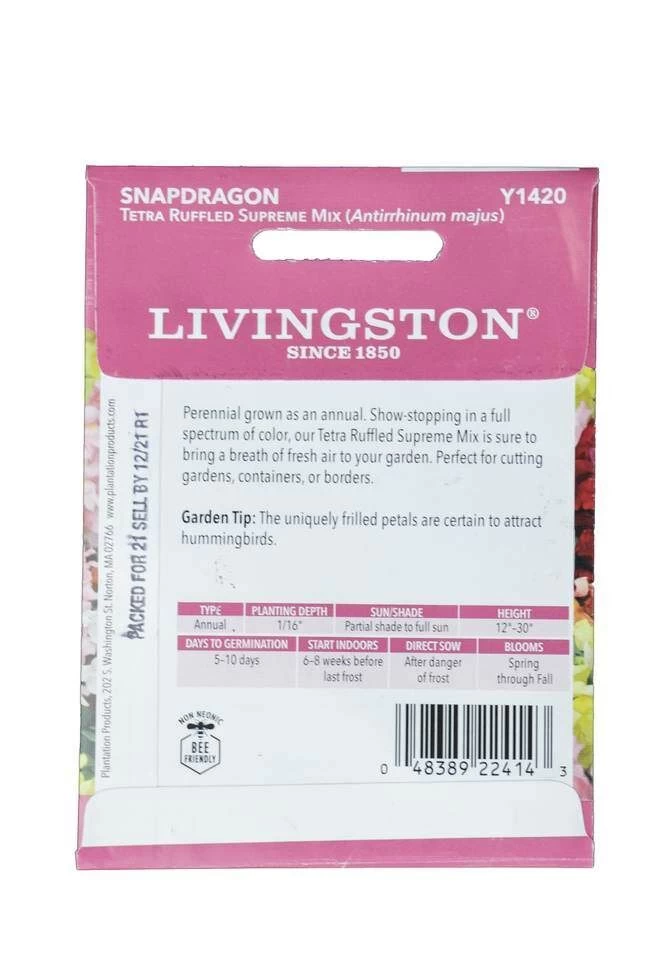 Livingston Snapdragon, Tetra Ruffled Supreme Mix Seed Packet 4 Livingston Snapdragon, Tetra Ruffled Supreme Mix Seed Packet - Image 2