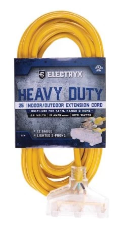 Electryx Yellow Heavy Duty In/Out 3 Plug Extension Cord 12 Gauge - 25 Ft
