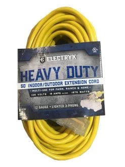 Electryx Yellow Heavy Duty In/Out 3 Plug Extension Cord 12 Gauge - 50 Ft