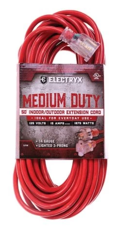 Electryx Red Medium Duty In/Out Extension Cord 14 Gauge - 50 Ft