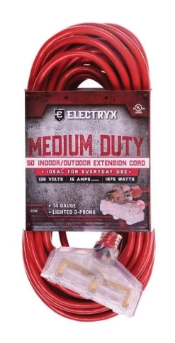 Electryx Red Medium Duty In/Out 3 Plug Extension Cord 14 Gauge - 50 Ft