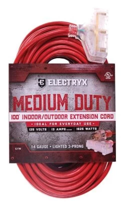 Electryx Red Medium Duty In/Out 3 Plug Extension Cord 14 Gauge - 100 Ft