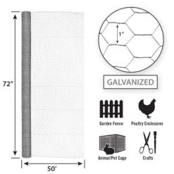 Garden Craft Galvanized Hex Netting -Silver, 72 In X 50 Ft, 1 In Msh
