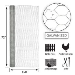 Garden Craft Galvanized Hex Netting -Silver, 72 In X 150 Ft, 1 In Msh